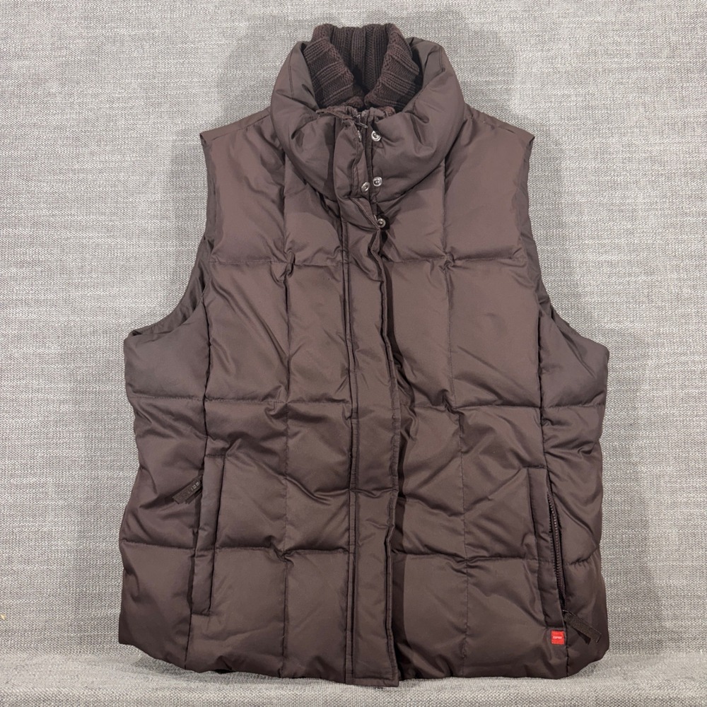Esprit Puffer Vest Womens‎ Large Brown Excellent Quilted Ribbed Knit Collar Zip